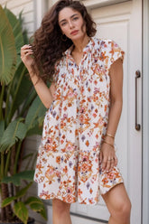 Printed Tie Neck Cap Sleeve Mini Dress OutfitFlow
